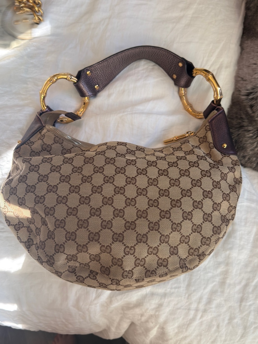 Gucci Beige Brown GG Canvas Shoulder Bag with Gold Bamboo Rings